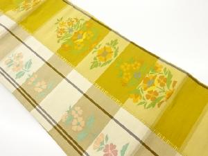 ふくれ織横段に縞・花葉模様織出し名古屋帯